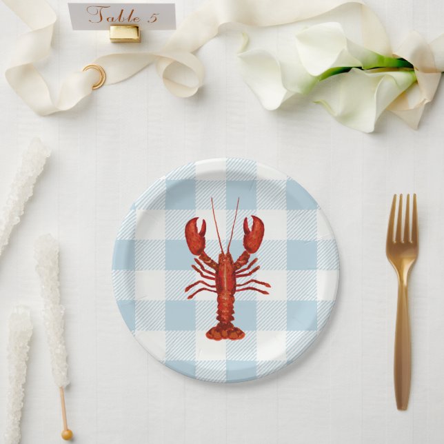 Assiettes En Carton Peinture de homard bleu marine En vichy littoral (Mariage)