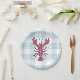 Assiettes En Carton Peinture de homard Gingham bleu marine Côtière