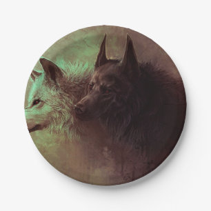 Assiettes En Carton Peinture de loup noir et de loup blanc.