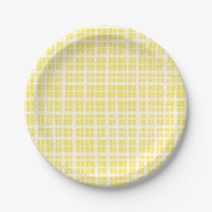 Assiettes En Carton Peinture Rétro Motif Gingham Carreaux Jaune Clair