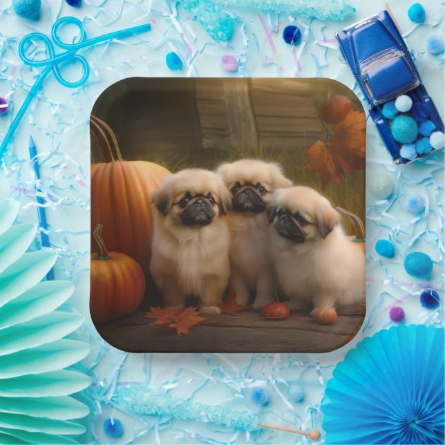 Assiettes En Carton Pekingese Chiot Automne Citrouille délice (Fête)