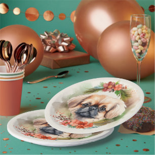 Assiettes En Carton Pekingese Christmas Wreath Festive Pup