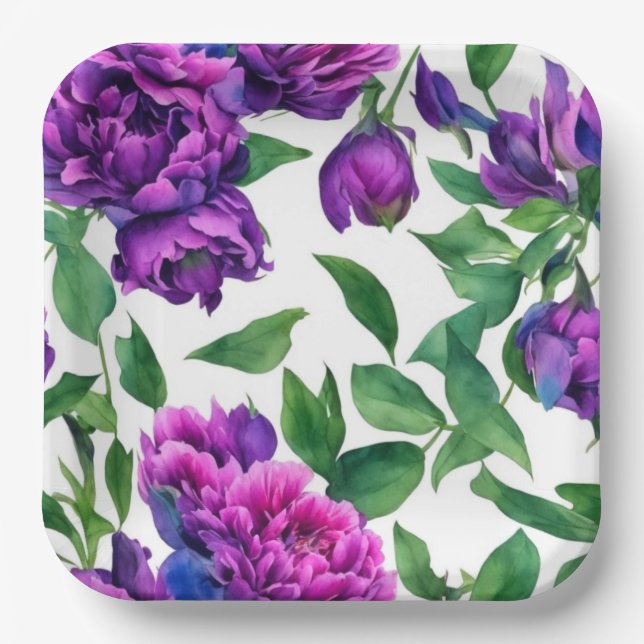 Assiettes En Carton Peonées d'aquarelle romantique violet magenta rose (Recto)