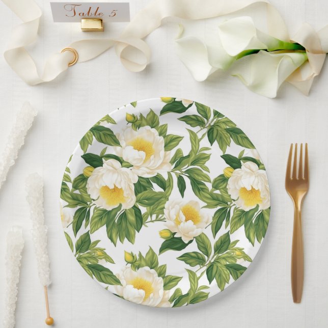 Assiettes En Carton Peonies de Claire de Lune blanches et jaunes (Mariage)