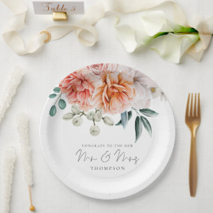 Assiettes En Carton Peonies Peach Coral Félicats M. Mme la Mariage