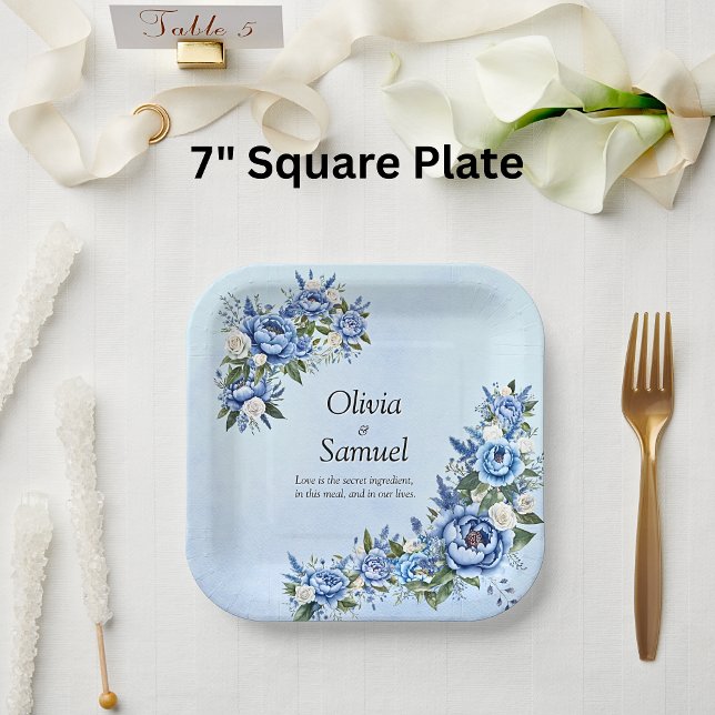 Assiettes En Carton Peony bleu sur Carré bleu 7" (Créateur téléchargé)