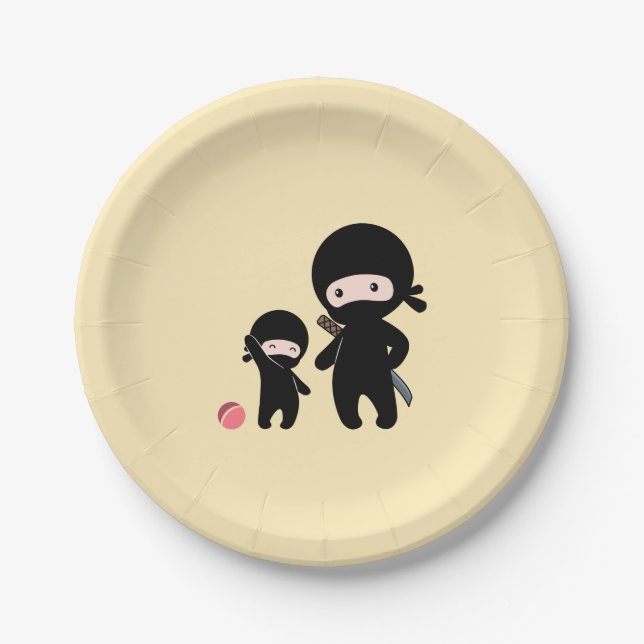 Assiettes En Carton Père Ninja et enfant sur Jaune (Devant)