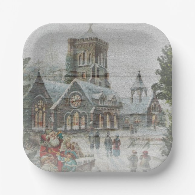 Assiettes En Carton Père Noël ancienne avec enfants devant une église (Recto)