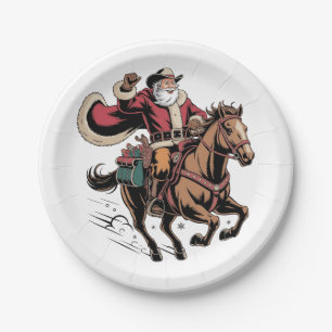 Assiettes En Carton Père Noël cow-boy à cheval Noël 