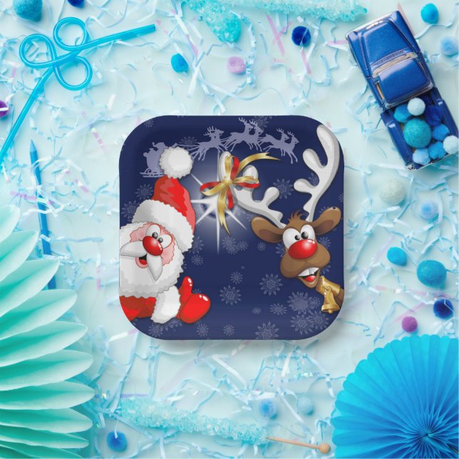 Assiettes En Carton Père Noël et Reindeer Joyeux Noël Joyeux dessin an (Fête)