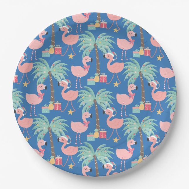 Assiettes En Carton Père Noël Flamant rose - Fun Blue Tropical Christm (Devant)
