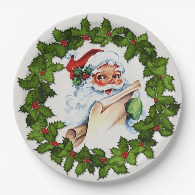 Assiettes En Carton Père Noël Holly Wreath Fête de Noël 9" (Devant)