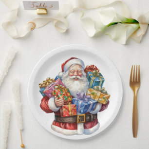 Assiettes En Carton Père Noël jovial en costume rouge traditionnel