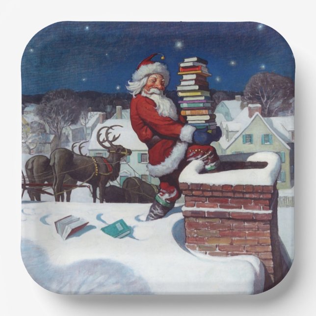 Assiettes En Carton Père Noël livre une cargaison de livres par Wyeth (Recto)