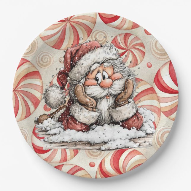 Assiettes En Carton Père Noël pensif en tombant  (Devant)