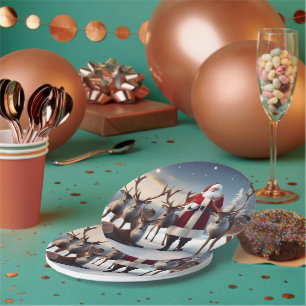 Assiettes En Carton Père Noël Posant Avec Ses Rennes,