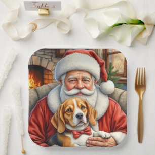 Assiettes En Carton Père Noël tenant l'art de Noël Beagle