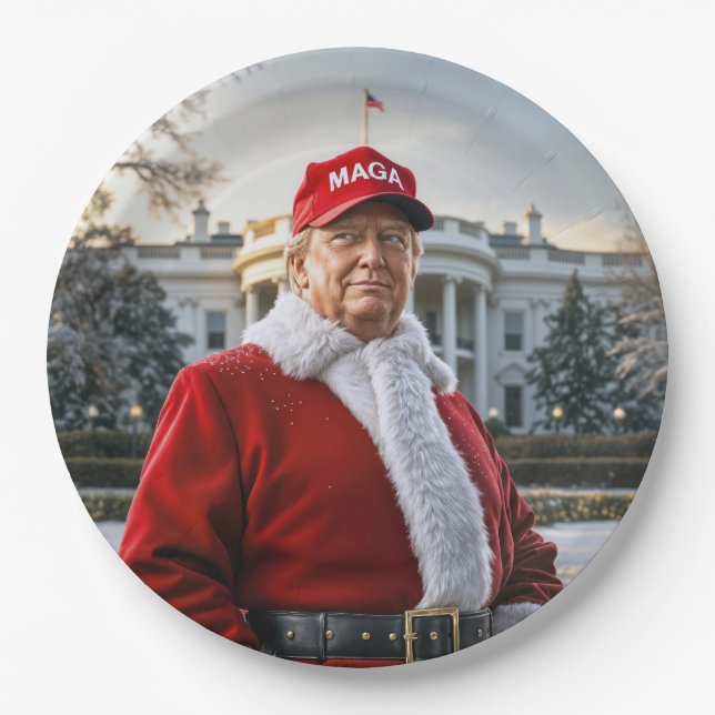 Assiettes En Carton Père Noël Trump avec Casquette Red MAGA (Devant)