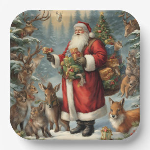 Assiettes En Carton Père Noël victorienne avec animaux présents et for