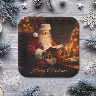 Assiettes En Carton Père Noël vintage Lecture d'un livre