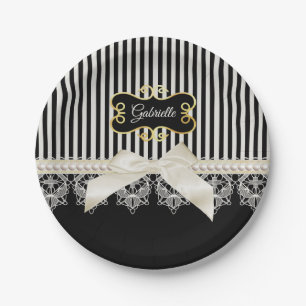Assiettes En Carton Perles et dentelle Black Stripes Crème Bow Gold No