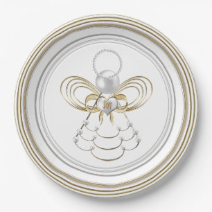 Assiettes En Carton Perles et or - ange métallique de Noël de joie