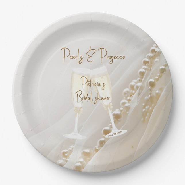 Assiettes En Carton Perles & Prosecco Élégance Moderne pour Enterremen (Devant)