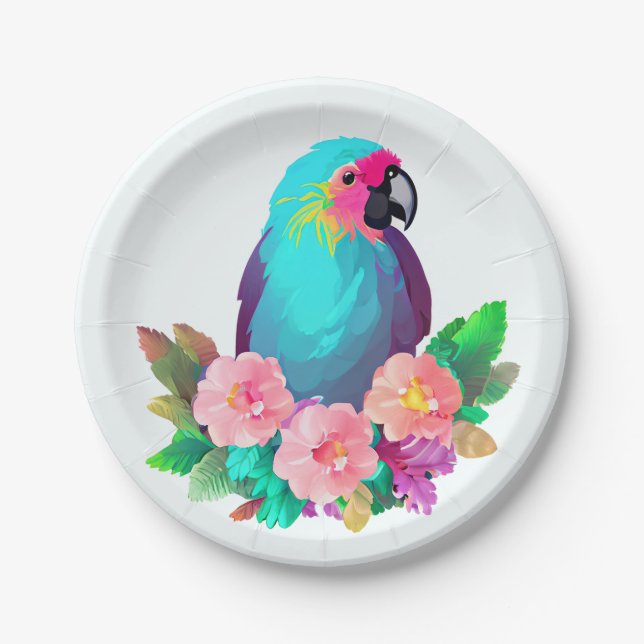 Assiettes En Carton Perroquet bleu tropical aux fleurs tropicales (Devant)