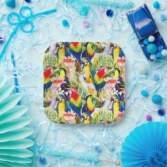 Assiettes En Carton Perroquets Et Feuilles De Palmiers (Fête)