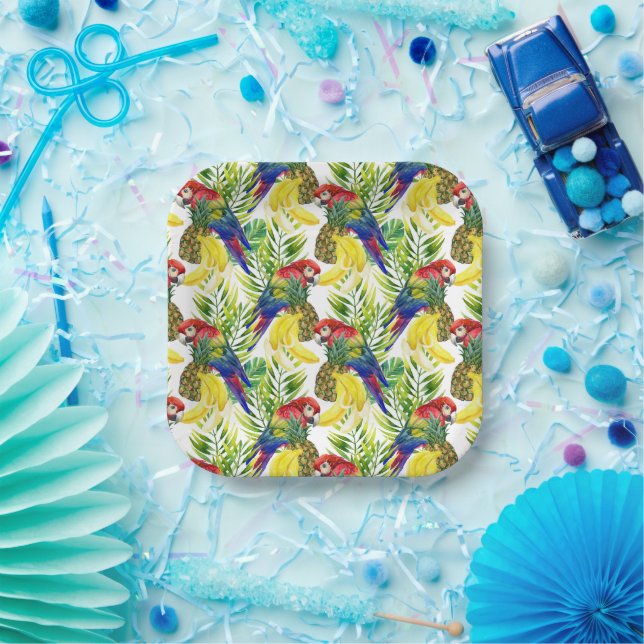 Assiettes En Carton Perroquets Et Fruits Tropicaux (Fête)