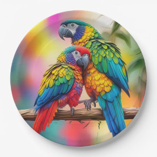 Assiettes En Carton Perroquets Macaw Colorés Sur Une Branche-45739