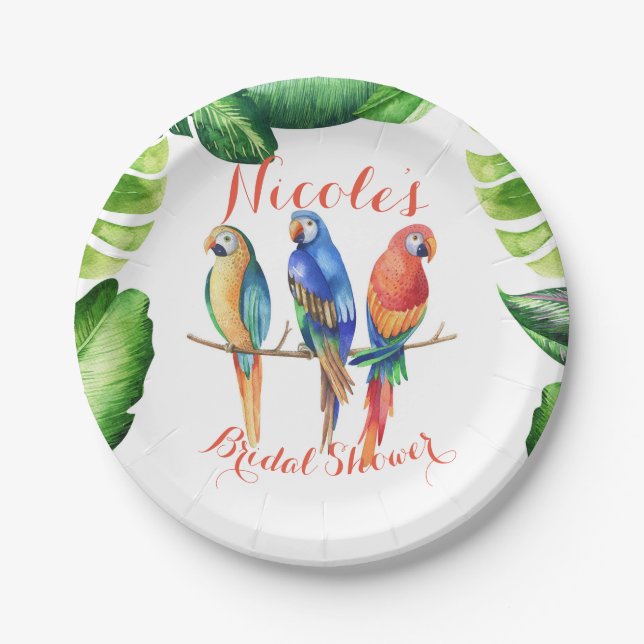 Assiettes En Carton Perroquets tropicaux Oiseaux et Feuilles Fête d'an (Devant)
