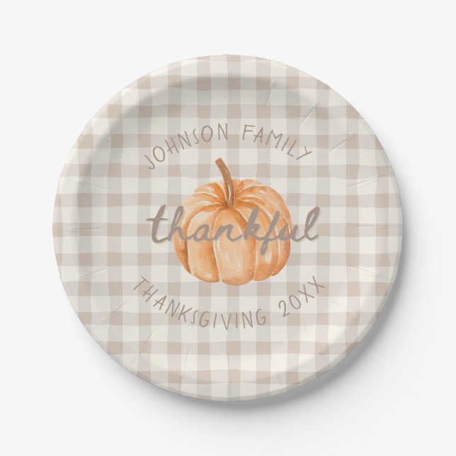 Assiettes En Carton Personalized Family Name Thankful Neutral Gingham  (Devant)