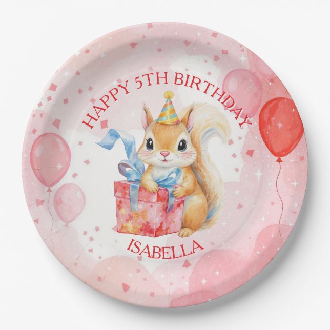 Assiettes En Carton Personalized Girl's Birthday Squirrel Pink and Red (Devant)