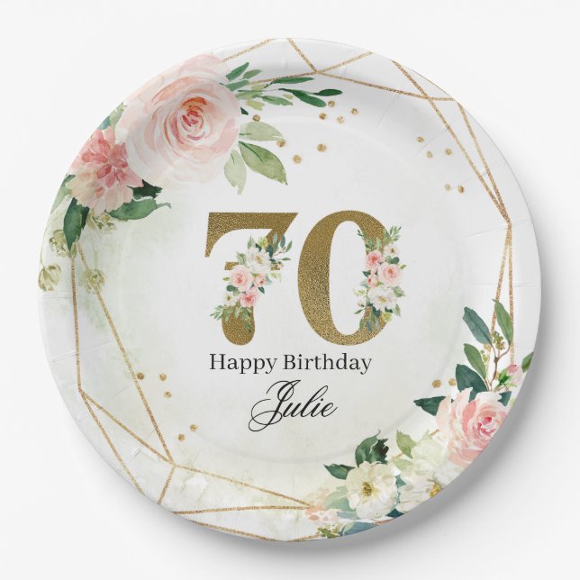 Assiettes En Carton Personalized Gold & Floral Custom 70th  (Devant)