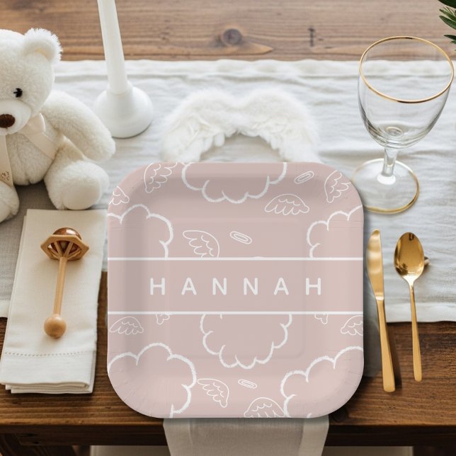 Assiettes En Carton Personalized Heavenly Angel Halo Cloud  Pink   (Personalized Heavenly Angel Halo Cloud Pink Paper Plates)
