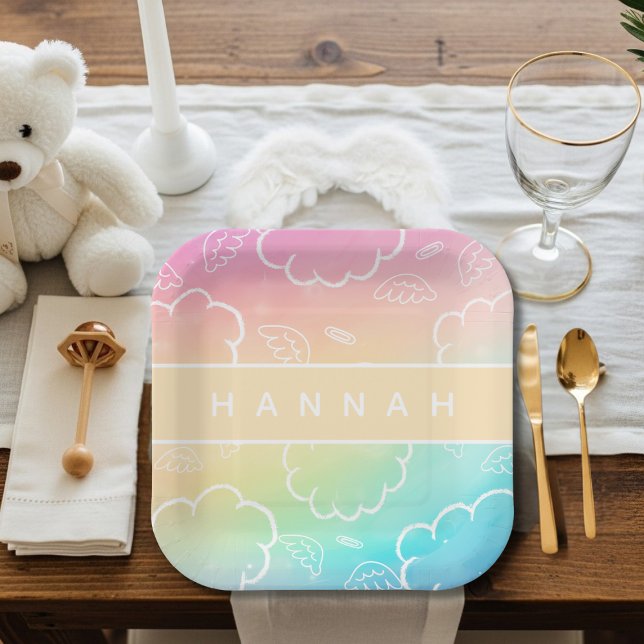 Assiettes En Carton Personalized Heavenly Angel Halo Cloud  Rainbow  (Personalized Heavenly Angel Halo Cloud Rainbow Paper Plates)