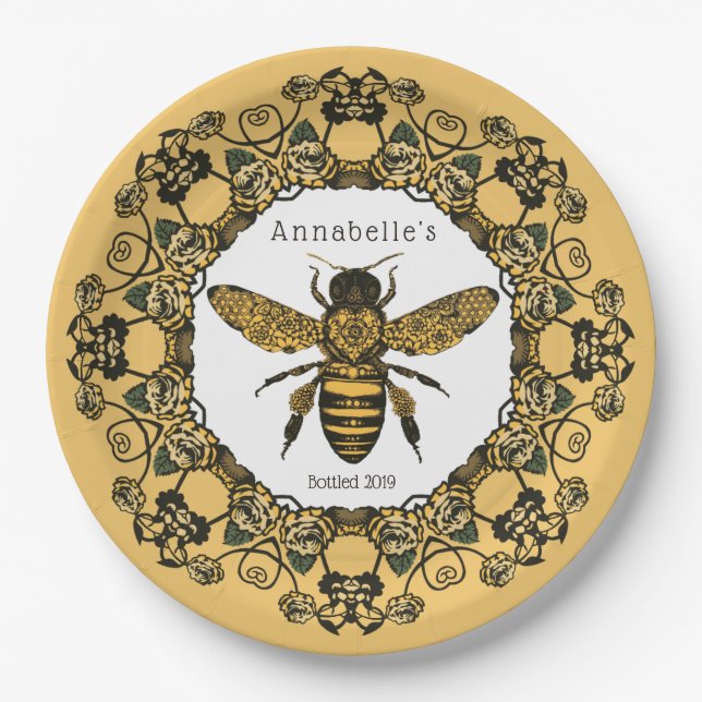 Assiettes En Carton Personnalisation de l'Étiquette Victorian Bee Hone (Devant)