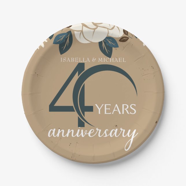 Assiettes En Carton Personnalisé 40e anniversaire Mariage Rustique (Devant)