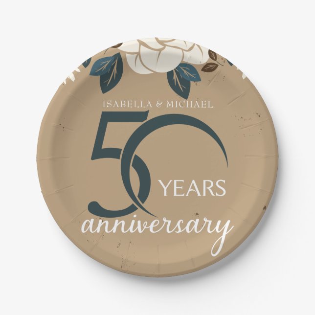 Assiettes En Carton Personnalisé 50e anniversaire de Mariage Rustique (Devant)