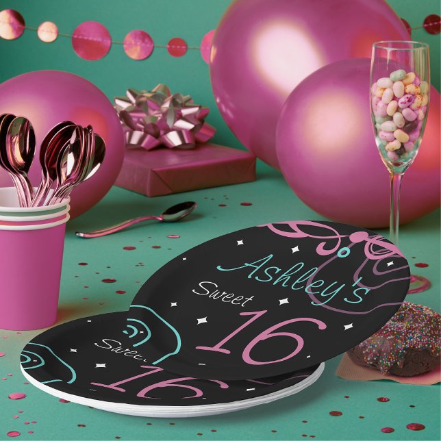 Assiettes En Carton Personnalisé Black Sweet 16 Plaques de fête d'anni (Créateur téléchargé)