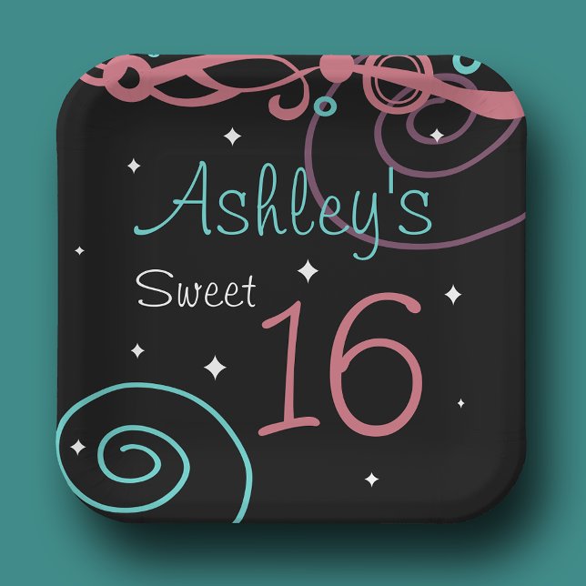Assiettes En Carton Personnalisé Black Sweet 16 Plaques de fête d'anni (Créateur téléchargé)