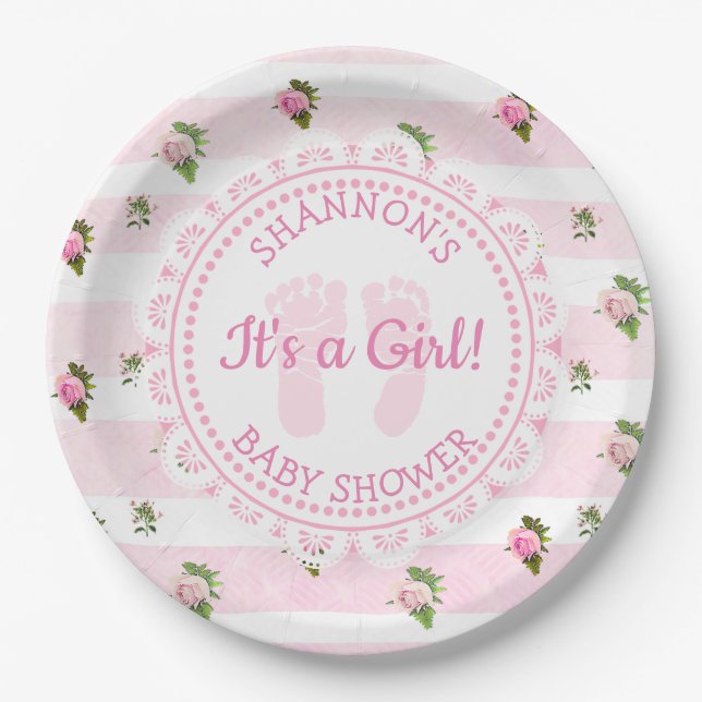 Assiettes En Carton Personnalisé C'est une Fille Baby shower rose Plaq (Devant)