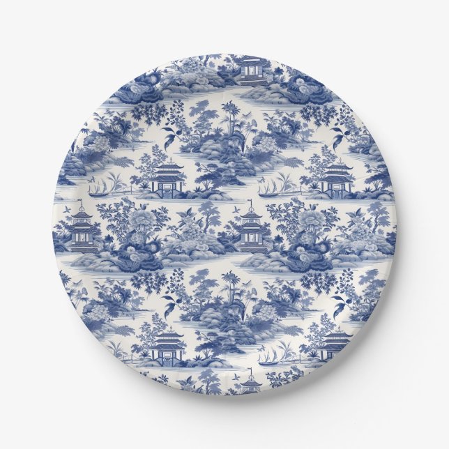 Assiettes En Carton Personnalisé Chinoiserie Motif Pagode Bleu (Devant)