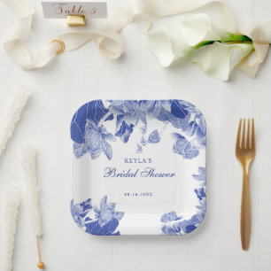 Assiettes En Carton Personnalisé Elégant Bleu Blanc Floral Chinoiserie