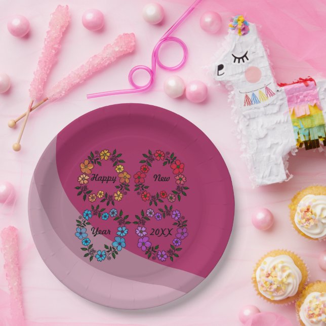 ASSIETTES EN CARTON PERSONNALISÉ HAPPY NEW YEAR 20XX & FLEURS WREATHS (Fête)