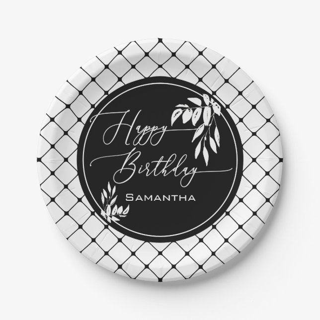 Assiettes En Carton Personnalisé noir blanc Joyeux Motif diamant d'ann (Devant)