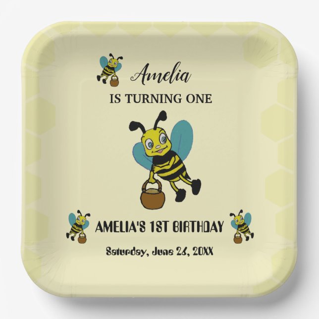 Assiettes En Carton Personnalisé thème de l'abeille 1er fête d'anniver (Recto)
