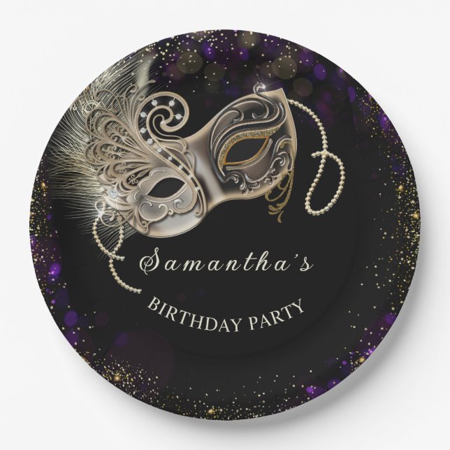 Assiettes En Carton Personnalisée Black Gold Purple Masquerade Party (Devant)
