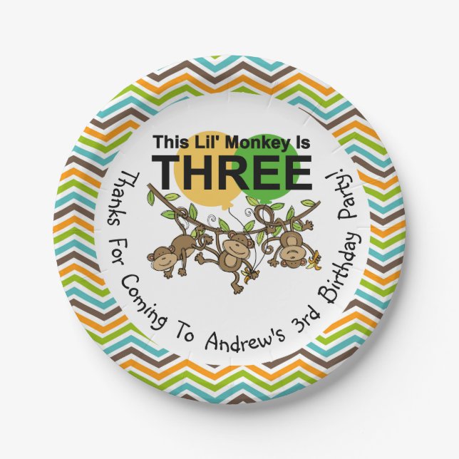Assiettes En Carton PersonnaliséPetits singes Plaques papier 3e annive (Devant)
